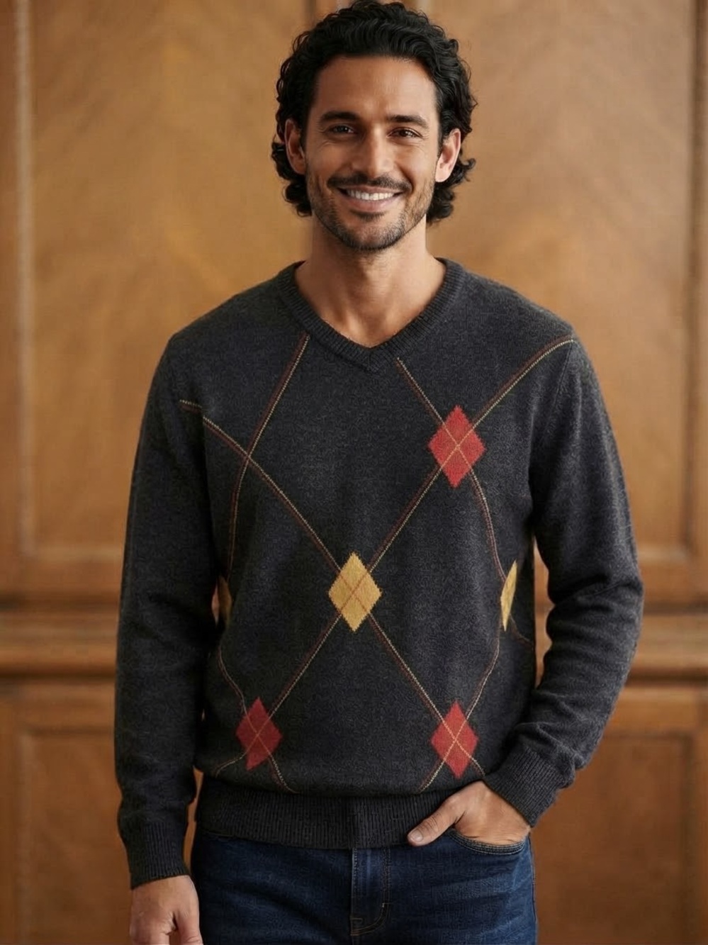 Ashworth Ash Blue 100% merino 
Wool Argyle V-Neck Sweater super soft 
EUC Sz XLG